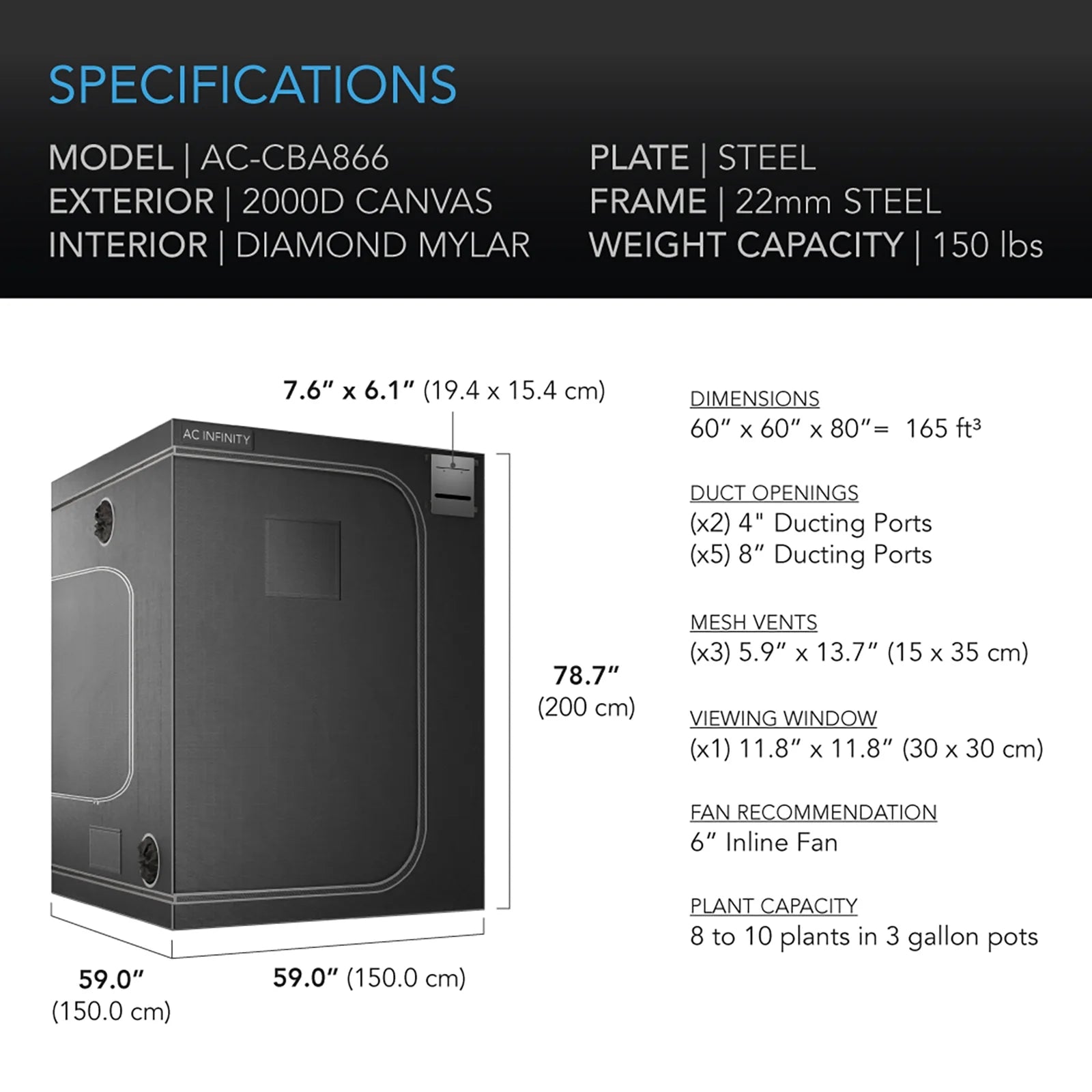 60"x60"x80" 2000D Diamond Mylar Canvas Grow Tent D995