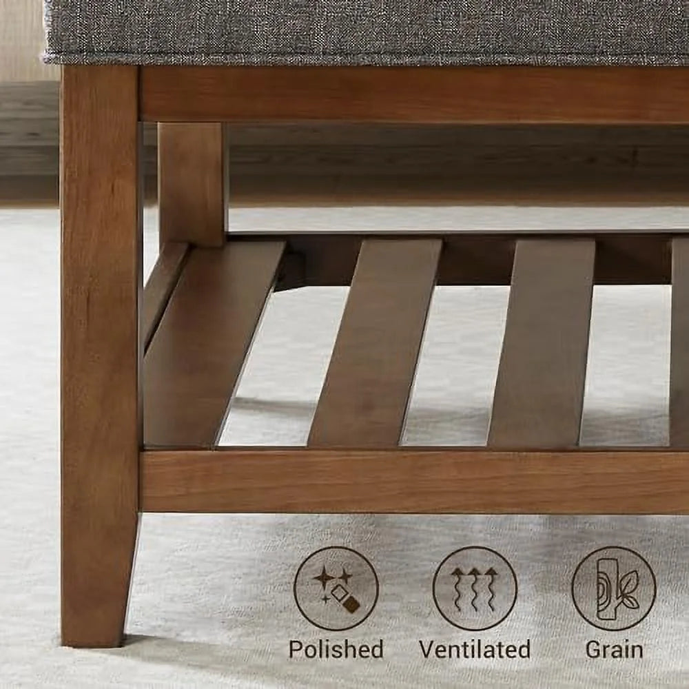 Square Ottoman Coffee Table with Button Tufted Upholstered Linen Wooden Stool Footrest Light Be B366277
