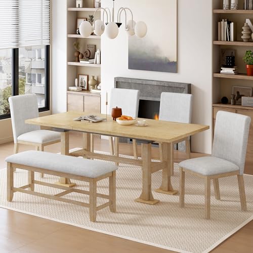 6-Piece Extendable Dining Table Set with Removable Leaf and Upholstered Chair and Bench U6280