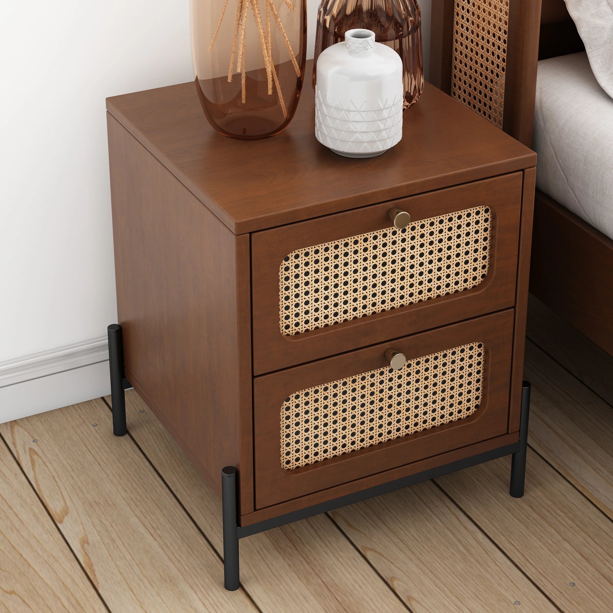 Walnut Rattan Wood 2-Drawer Side Table C290