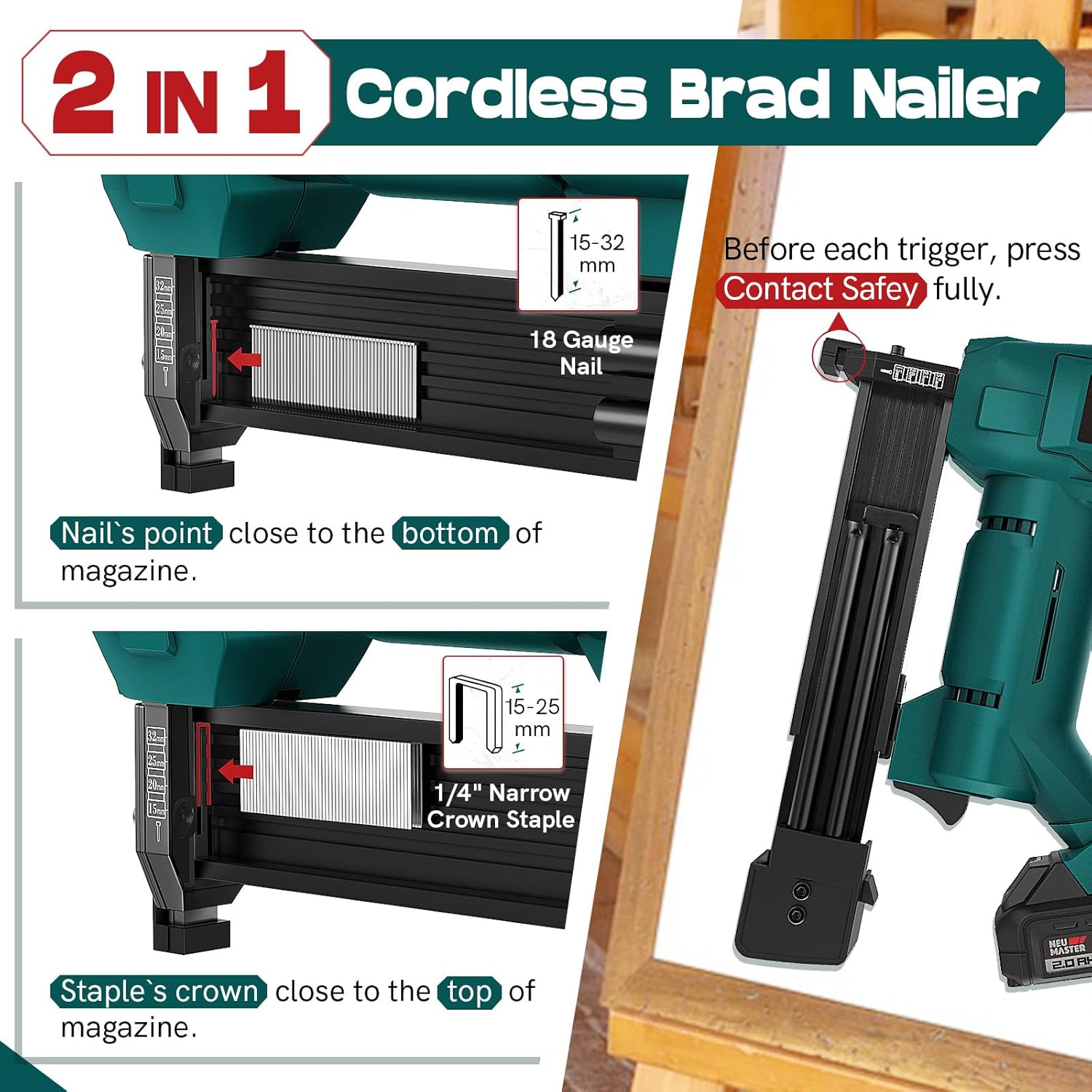 Cordless Battery Powered Brad Nailer Staple Gun X8166