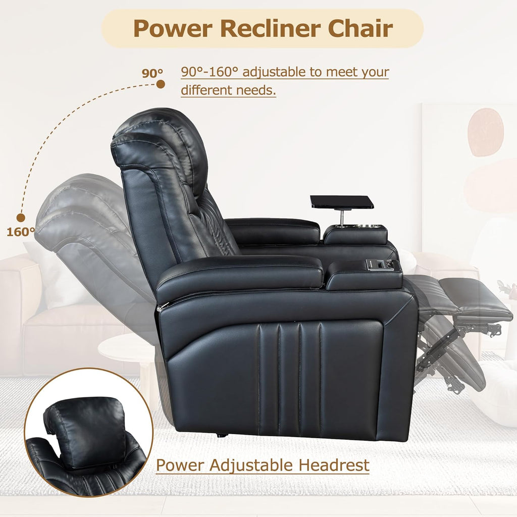 Black PU Leather Power Recliner with USB Port V2673