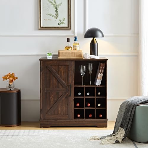Gray Wash Farmhouse Coffee Bar Cabinet with Wine Rack and Drawer Q30688