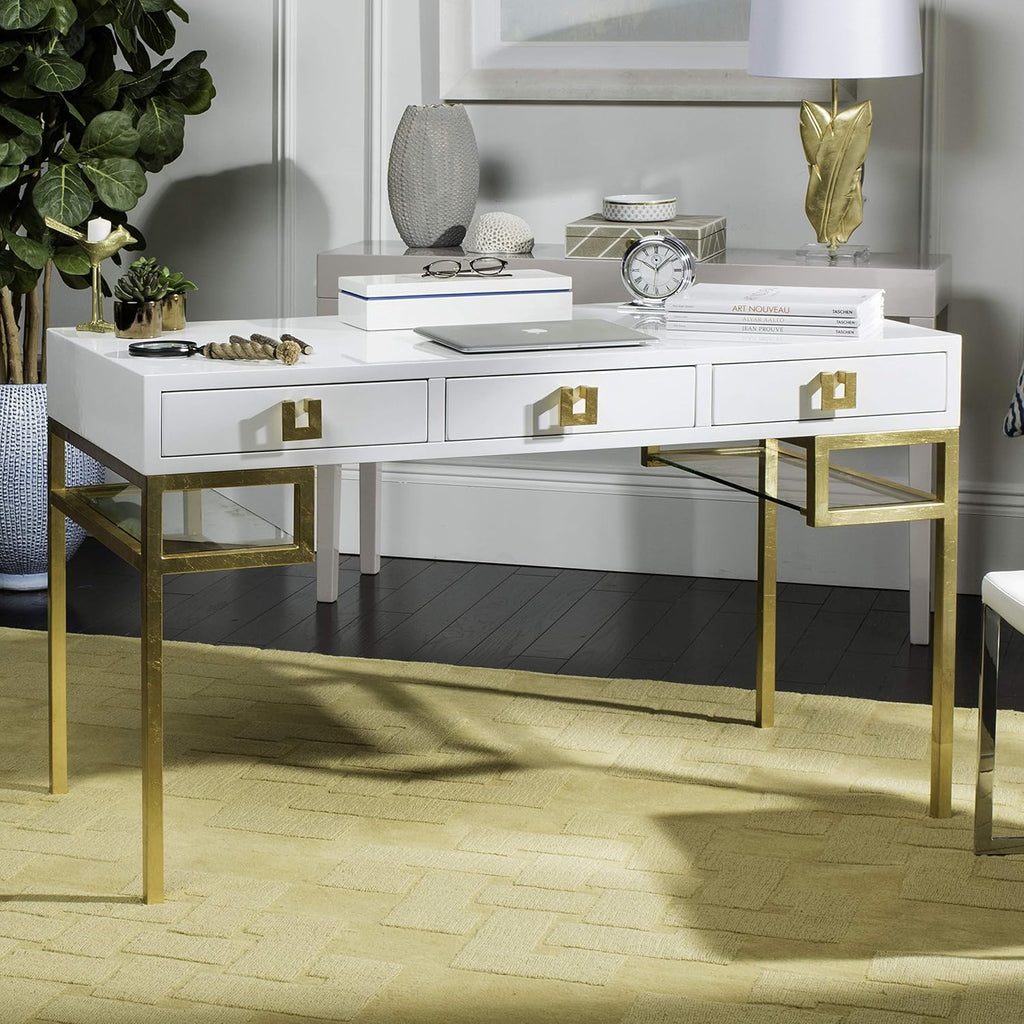 White Lacquer and Gold Leaf 3-drawer Writing Desk P923823