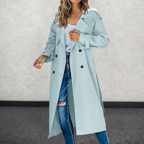 Blue Double Breasted Long Trench Coat A13850