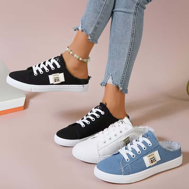 Women's Casual Canvas Slip-On Sneakers – Distressed Frayed Edge Mule Shoes