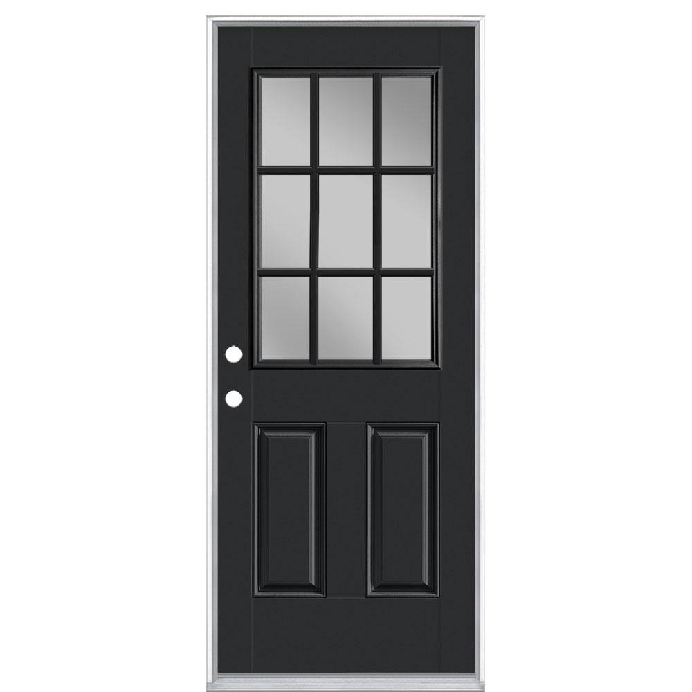 32 in. x 80 in. 9 Lite Jet Black Right-Hand Inswing Painted Smooth Fiberglass Prehung Front Door X883