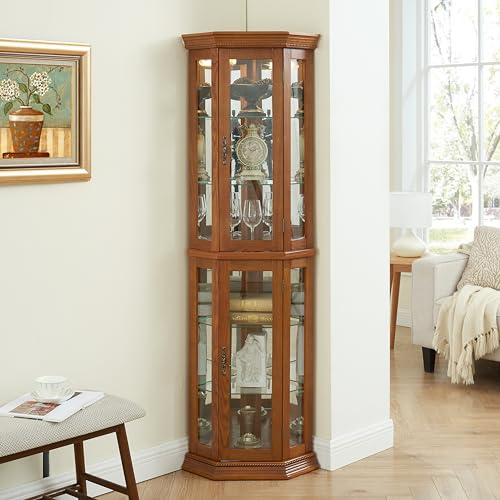 OAK Corner Curio Cabinet with Tempered Glass Door Q6405