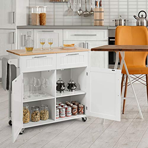 White Rolling Kitchen Island Cart with Storage and Lockable Wheels L1946