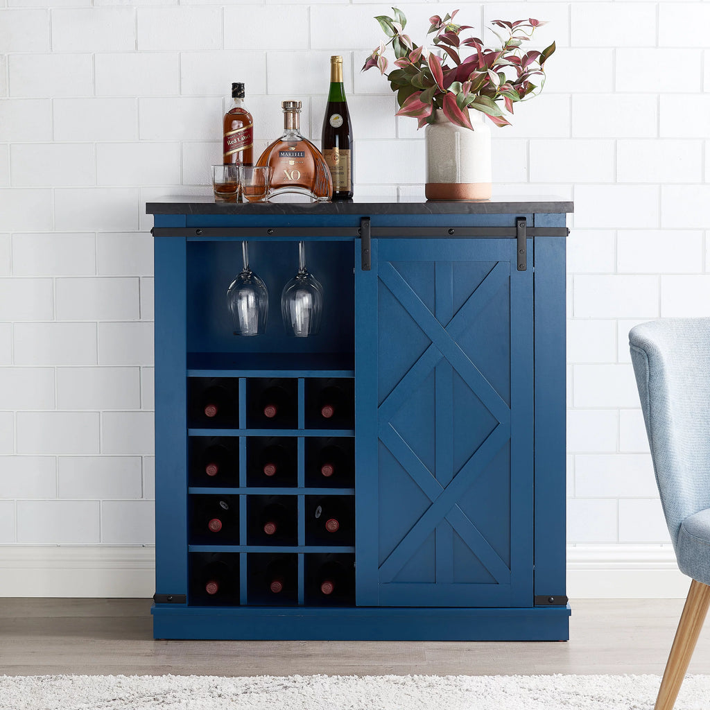 Navy Blue Wood Buffet Cabinet with Barn Door H847241