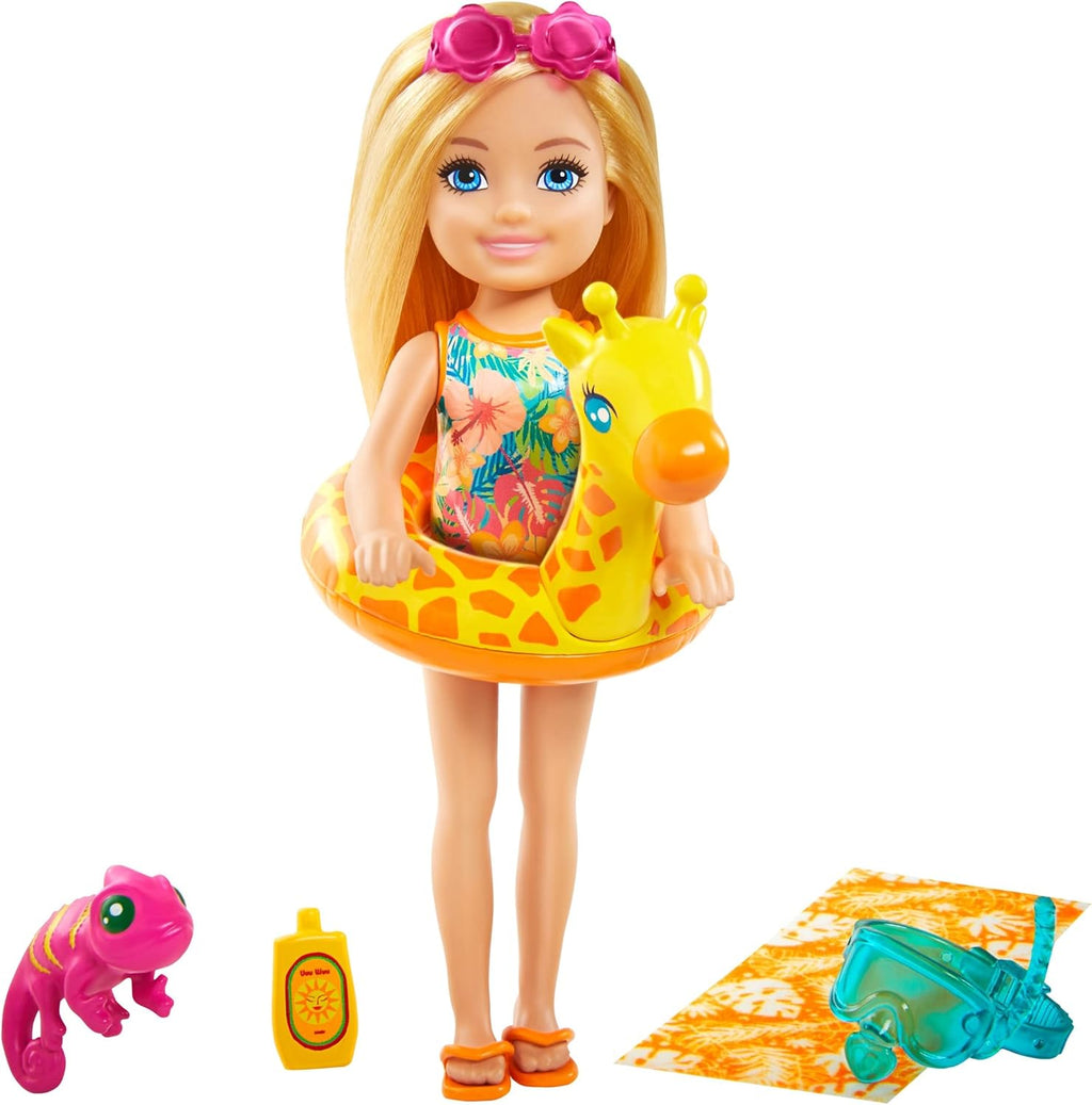 Chelsea Doll (Blonde, 6-in) with Jungle Pet, Floatie and Accessories Playset D471