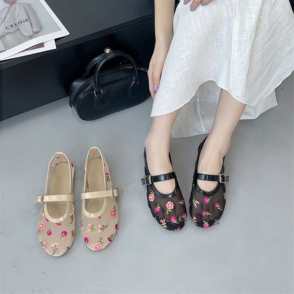 Women's Floral Embroidered Mesh Mary Jane Flats with Buckle Strap