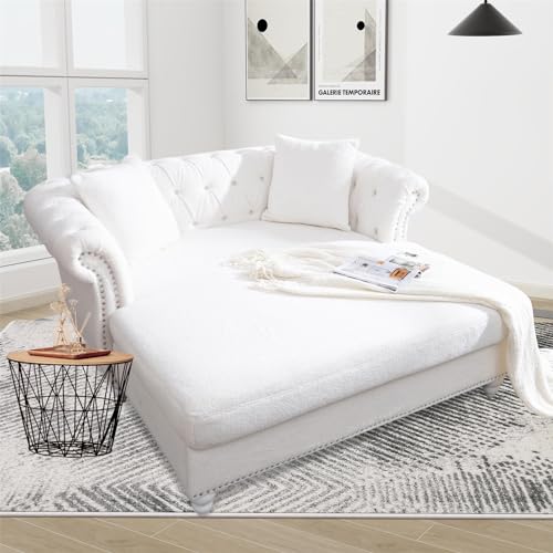 White Velvet Oversized Chaise Sofa with 2 Pillows G72805
