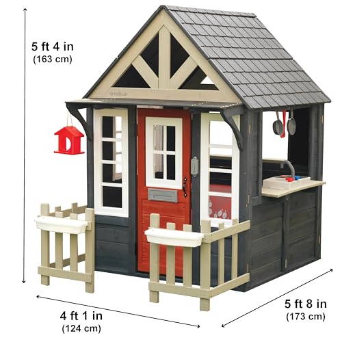 Wooden Playhouse with Working Doorbell, Fence, Kitchen and Pet Door M721348