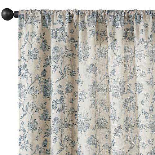 Sage Green Linen Floral Curtains 84 Inch Length Set 2 Panels T6136