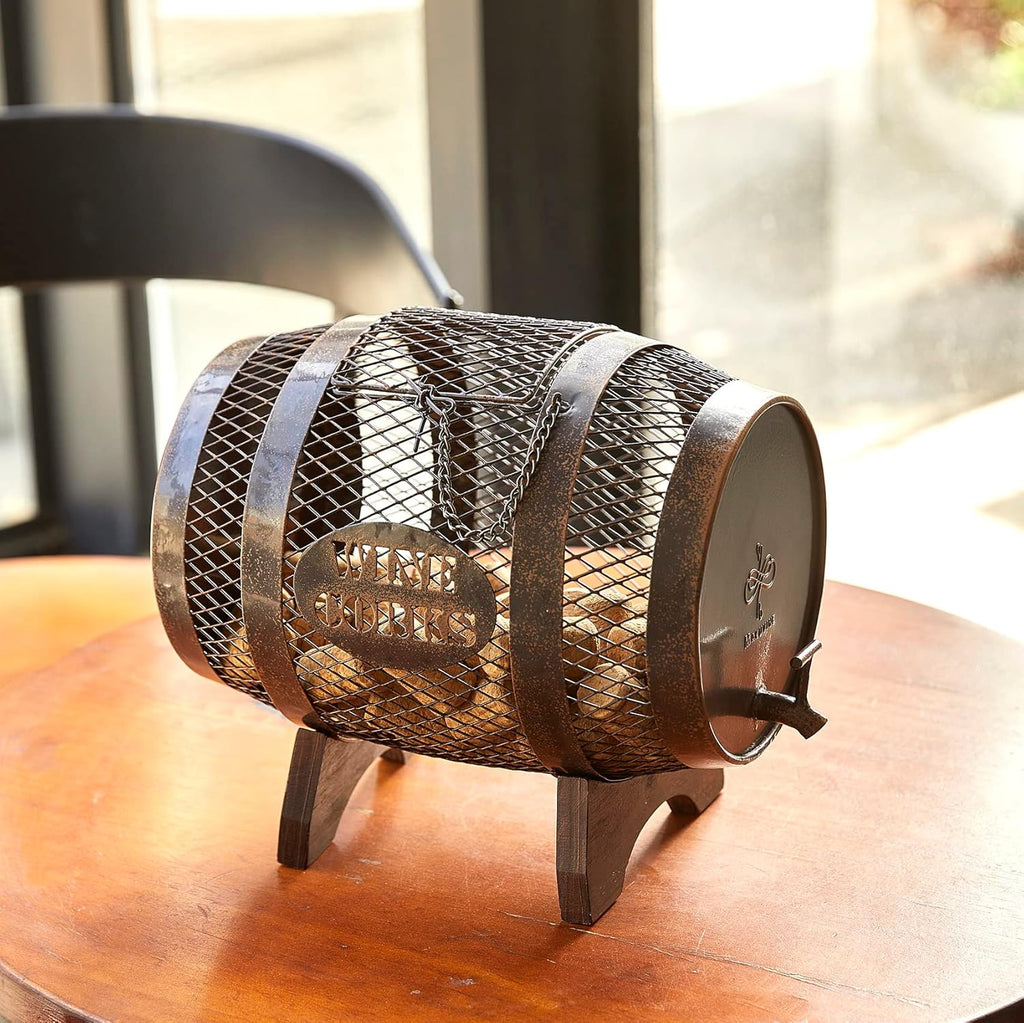 Rustic Metal Large Barrel Wine Cork Holder Display On Wooden Stand L42063