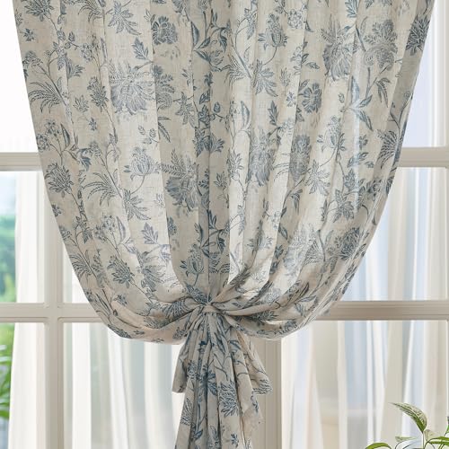 Sage Green Linen Floral Curtains 84 Inch Length Set 2 Panels T6136