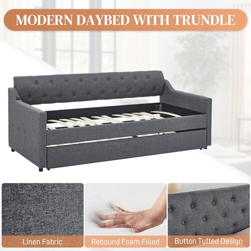 Beige Twin Daybed with Pop Up Trundle, Upholstered Sofa Bed Frame with Button Tufting Linen Trim, Wood Slats V917