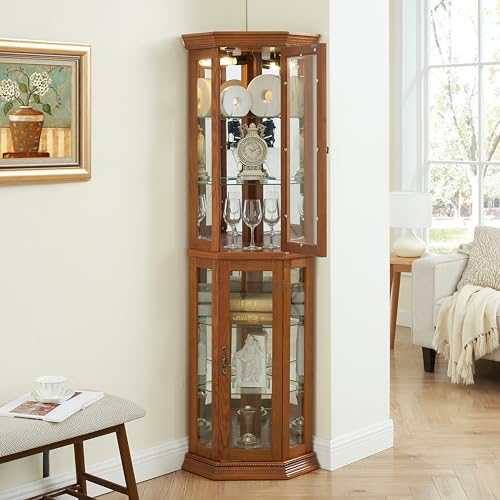 OAK Corner Curio Cabinet with Tempered Glass Door Q6405