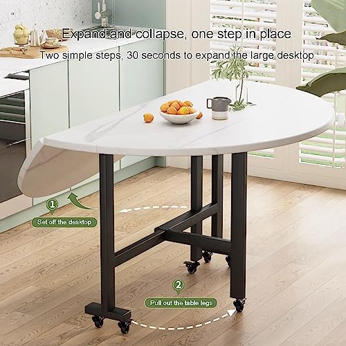 Round Folding Dining Table with Drop Leaf and 6 Wheels O800477
