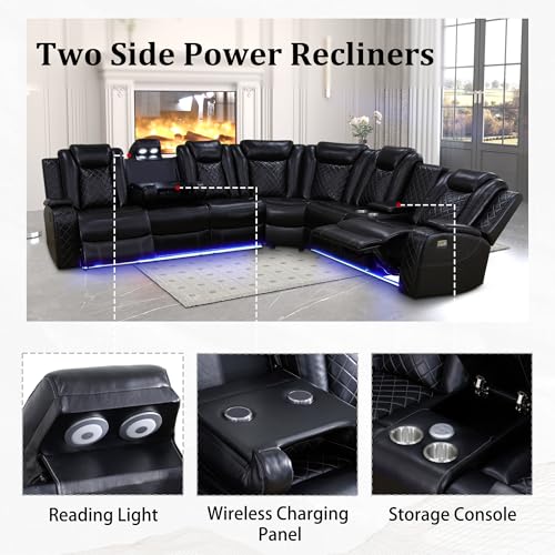 Cream White Leather Power Recliner Sectional Sofa with LED I680
