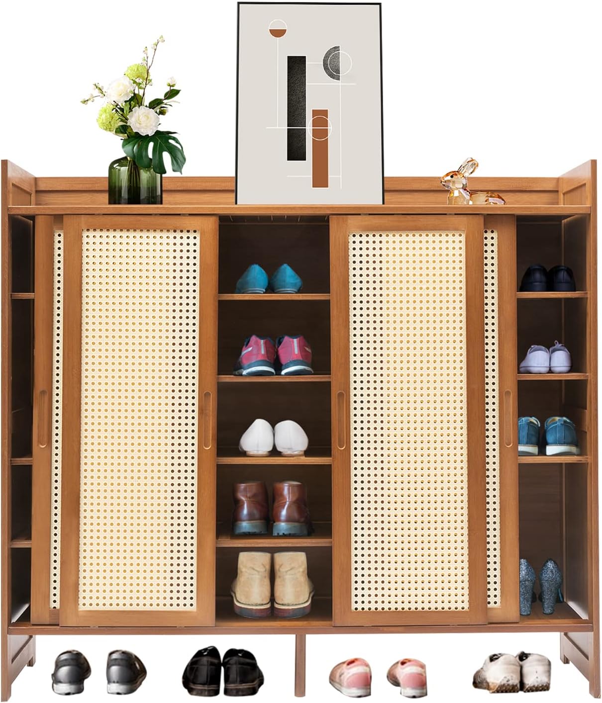 Natural Bamboo 6 Tier Shoe Cabinet with Grid Doors B623930