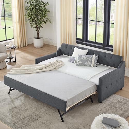 Beige Twin Daybed with Pop Up Trundle, Upholstered Sofa Bed Frame with Button Tufting Linen Trim, Wood Slats V917