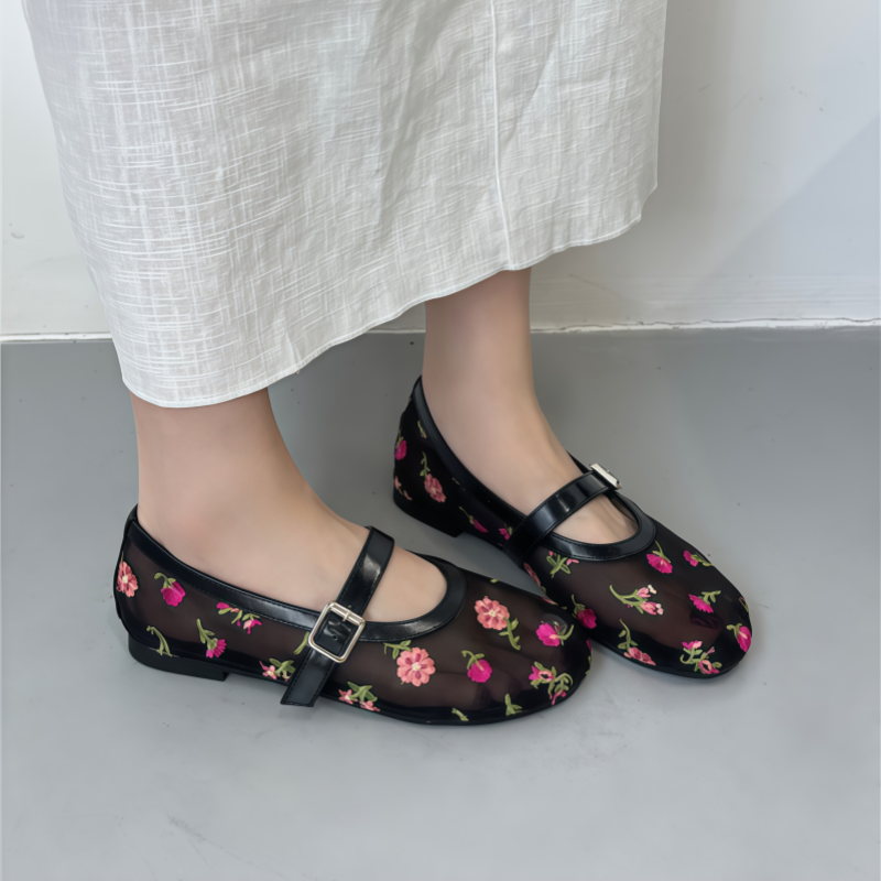 Women's Floral Embroidered Mesh Mary Jane Flats with Buckle Strap