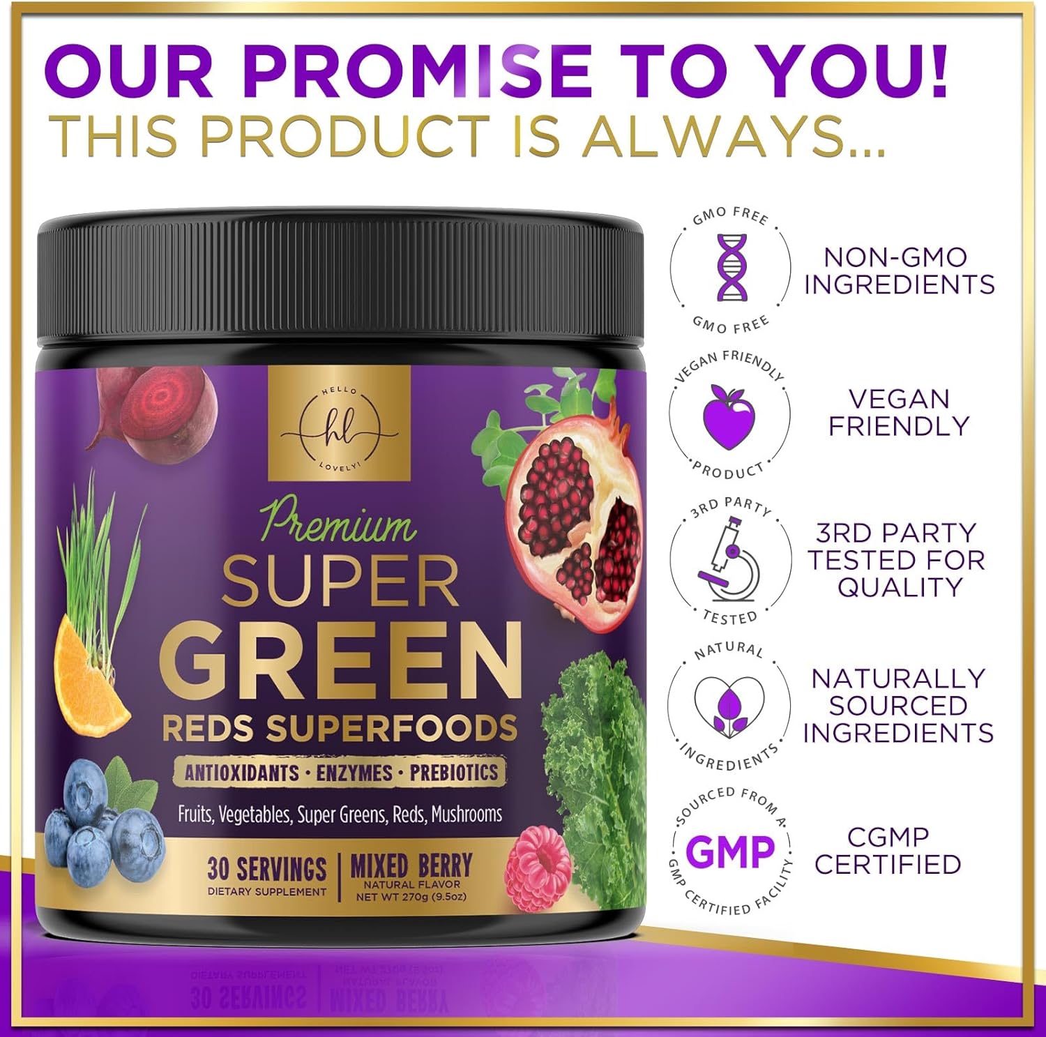 Super Greens Powder with Spirulina, Chlorella, Mushrooms, Antioxidants & Digestive Enzymes - 30 Servings J482