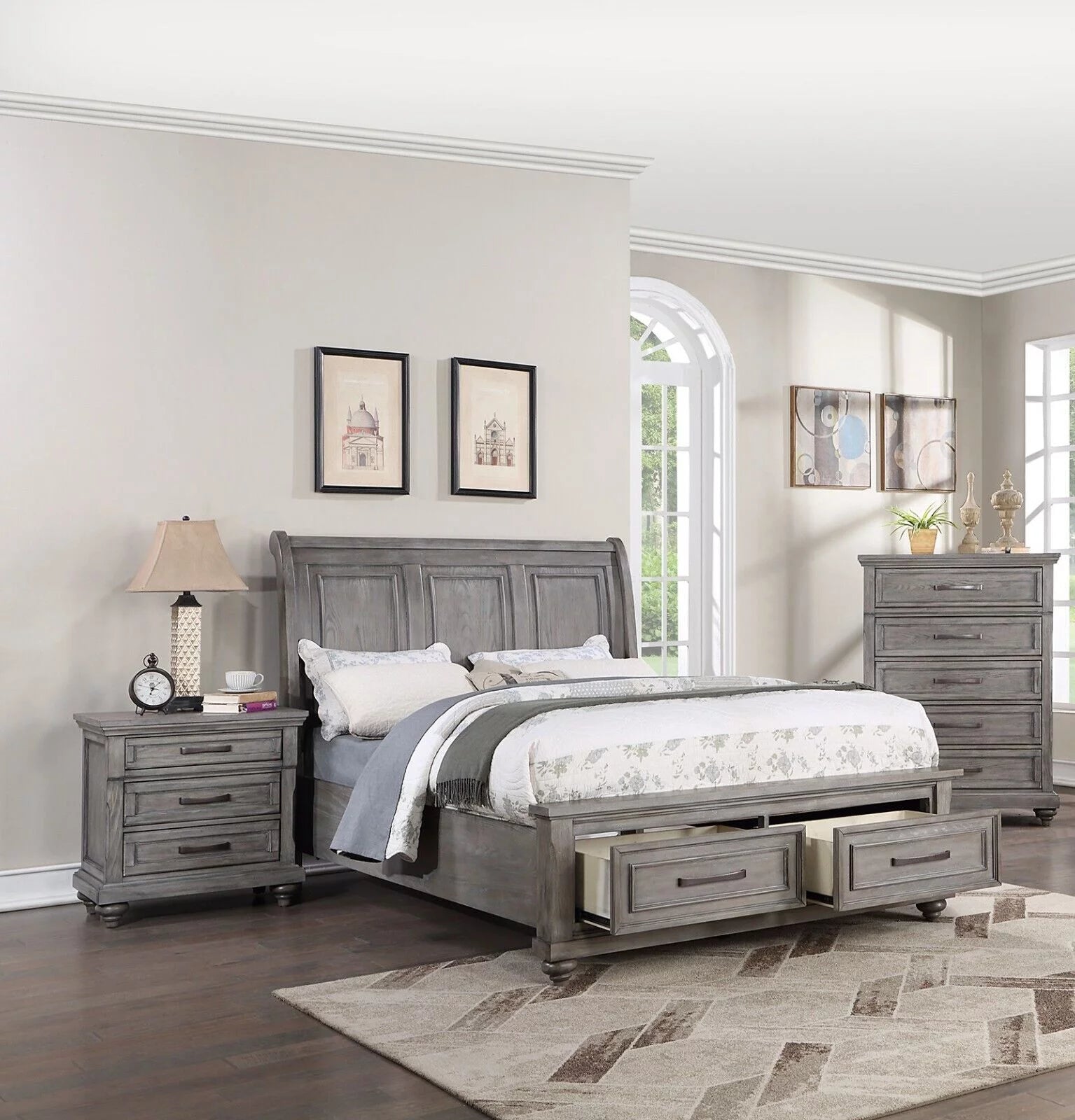 Grey Wooden Queen Size Bed with 2 Nightstands 3pc Set A924
