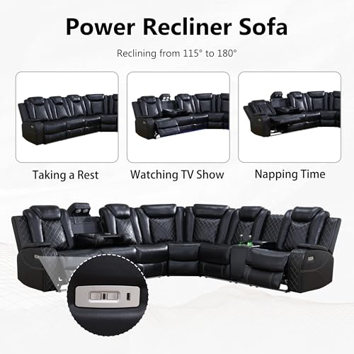 Cream White Leather Power Recliner Sectional Sofa with LED I680