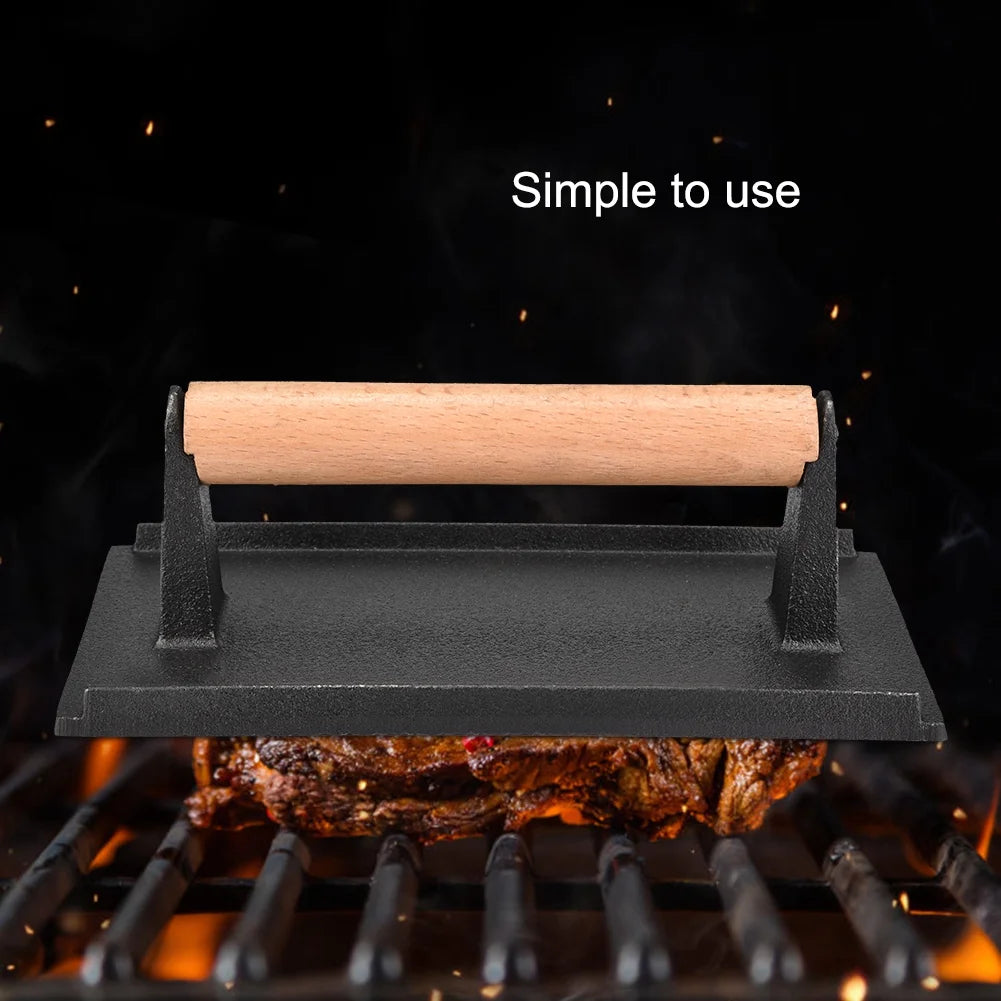 Commercial Cast Iron Steak Press with Wooden Handle D4896