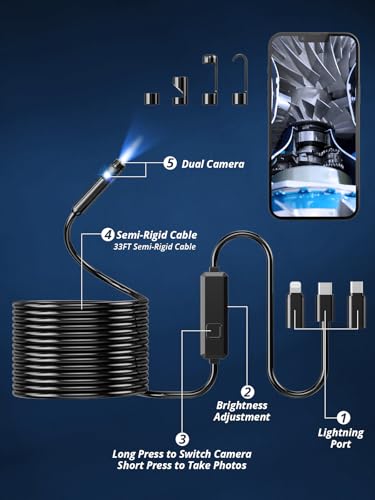 16.4ft Dual-Lens 1920P HD Waterproof Borescope with 8 Adjustable LED Lights Z41389