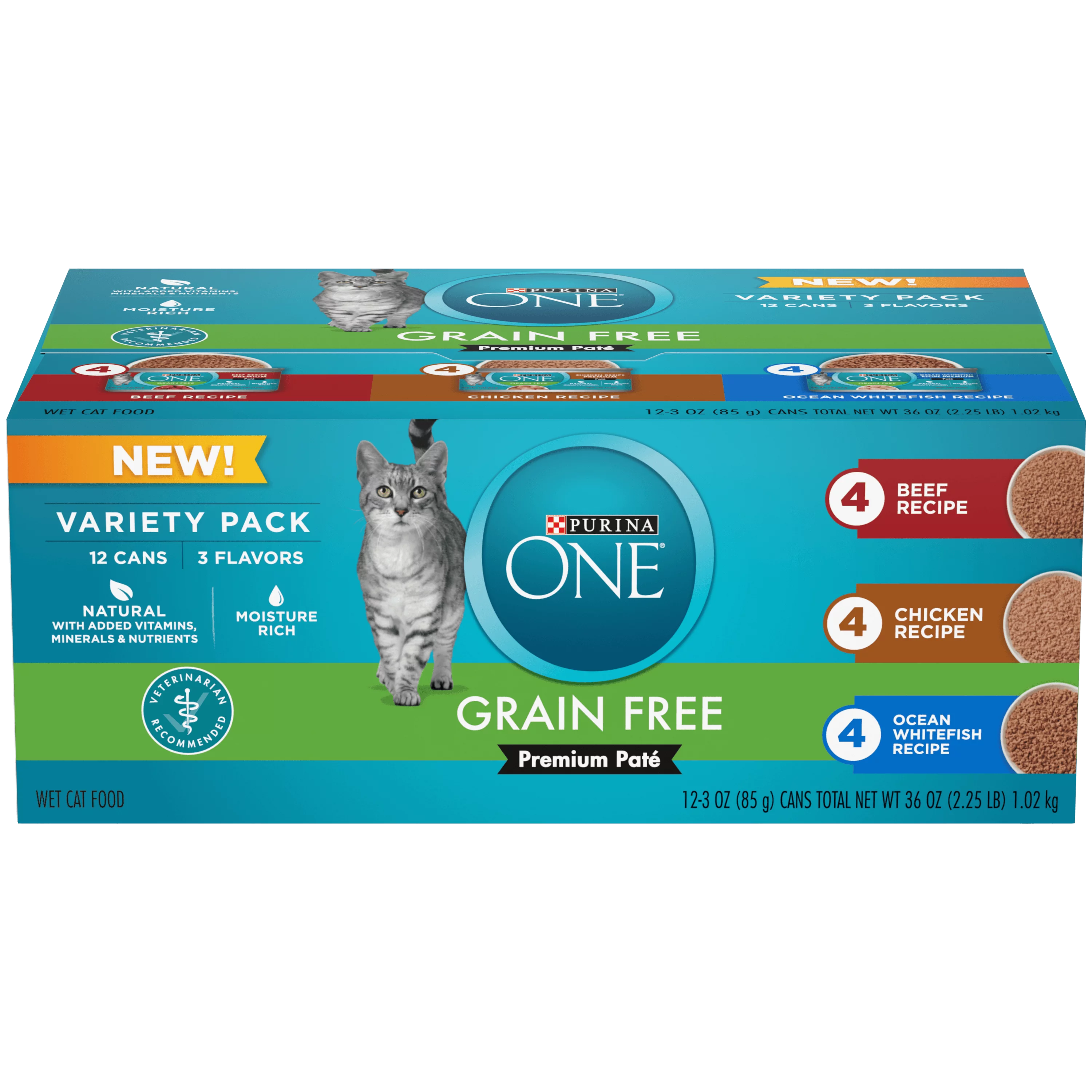 Grain Free Natural Pate Wet Cat Food Variety Pack Beef Chicken & Ocean Whitefish 3 oz. Pull-Top Cans P428