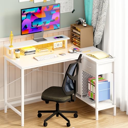 Rustic Brown L Shaped Computer Desk with Power Outlets and LED Lights and Drawer Y743