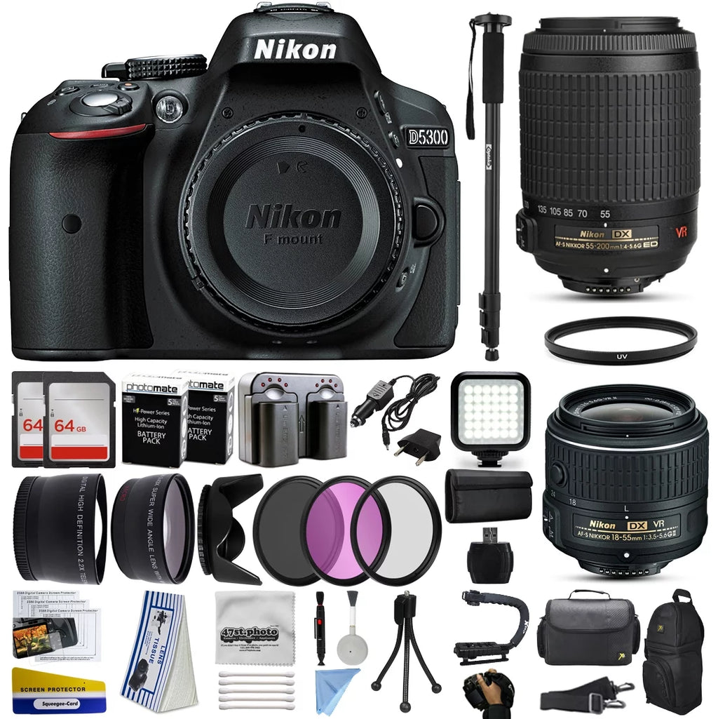 Nikon D5300 D5600 DSLR Digital Camera with AF-P 18-55mm VR 55-200mm VR Lens 128GB MC Case Battery Charger E2645