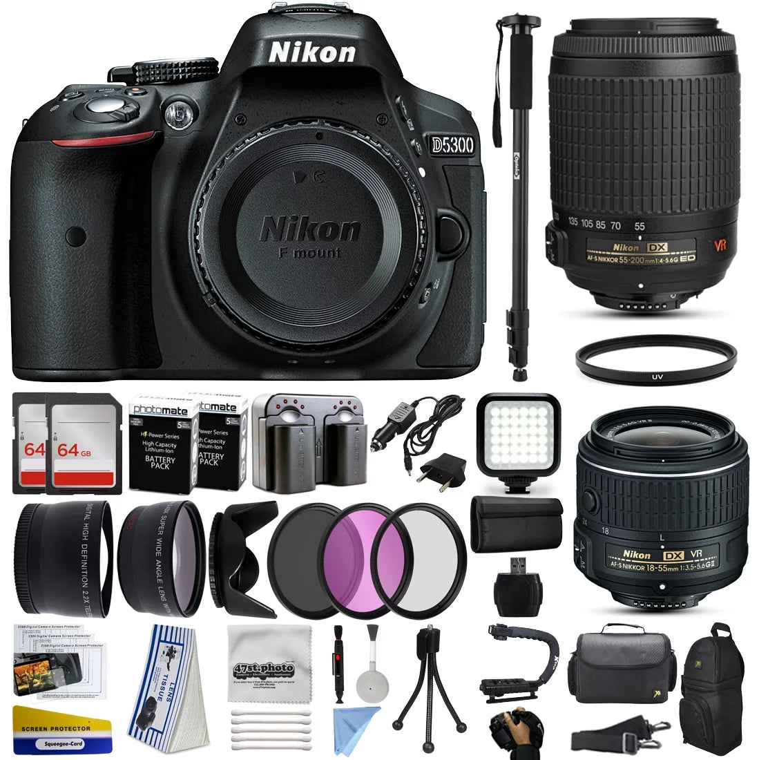 Nikon D5300 D5600 DSLR Digital Camera with AF-P 18-55mm VR 55-200mm VR Lens 128GB MC Case Battery Charger E2645