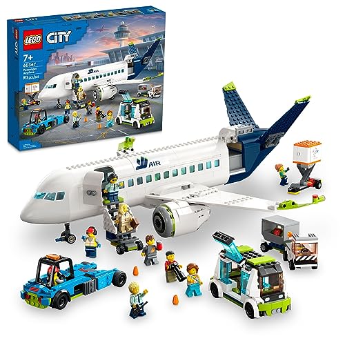 LEGO City Passenger Airplane Building Toy Set with Large Airplane, Passenger Bus, Luggage Truck, Container Loader, and 9 Minifigures C595