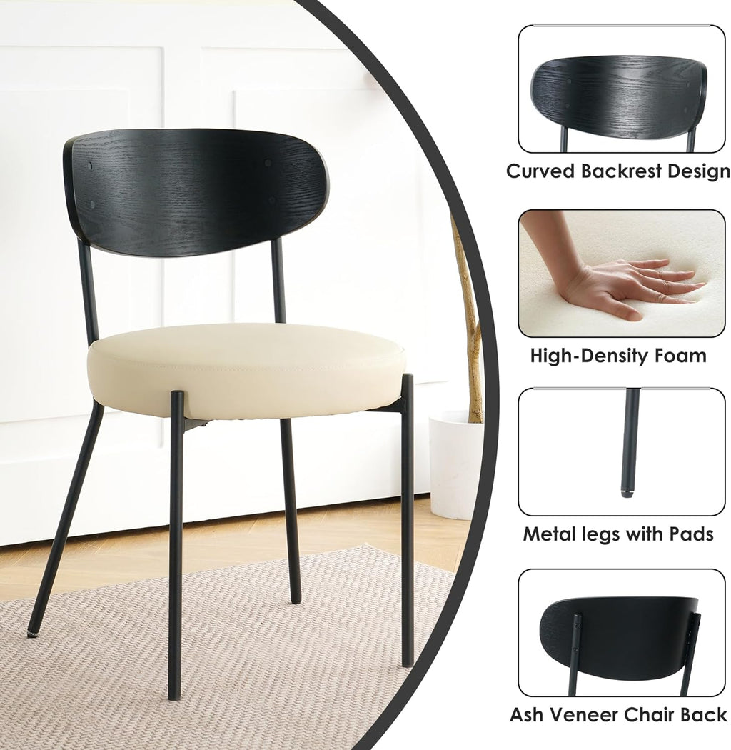 5 Pcs Round Glass Dining Table Set with Beige Faux Leather Chairs R919300