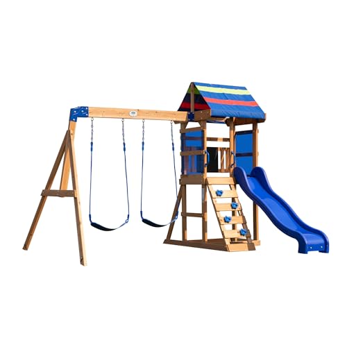 Green Wooden Swing Set with Two Belt Swings and 6 ft Slide W3909