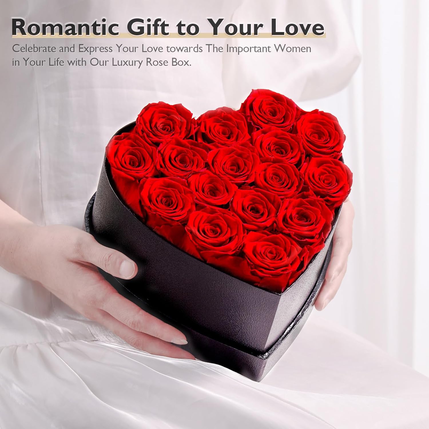 Heart Shape Box Preserved Roses (Black Box, 16 Red Roses) U859718