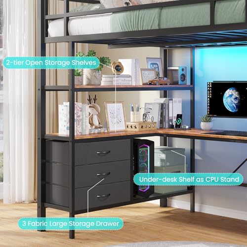 Full Size Loft Bed with L-Shaped Desk and Charging Station Metal Bed Frame with LED Lights B38506