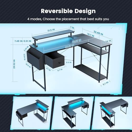 47 Inch L Shaped Gaming Desk with RGB Lights C627