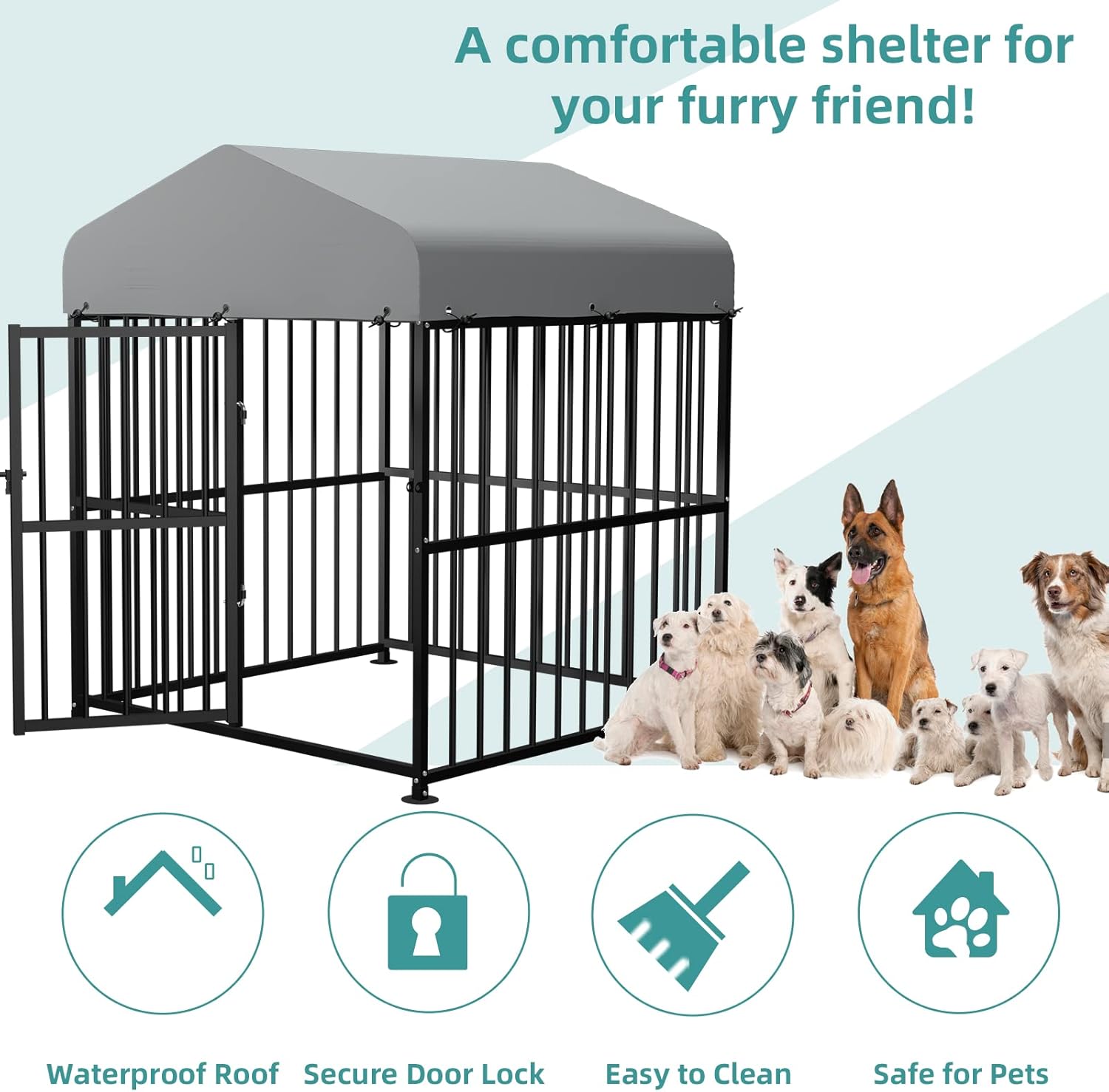 Large Outdoor Metal Dog Kennel with Top Cover, 4'L x 4'W x 5'H H577422