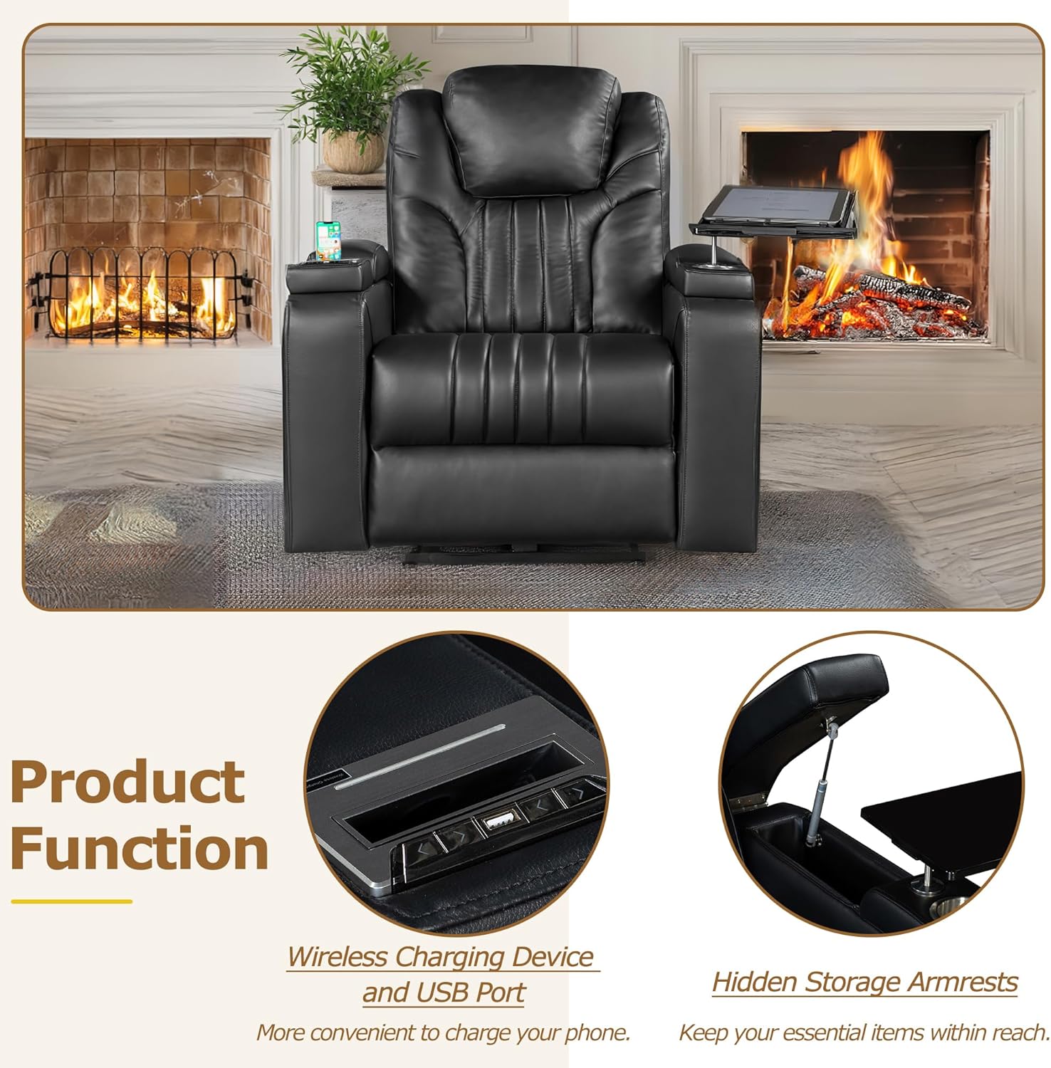 Black PU Leather Power Recliner with USB Port V2673