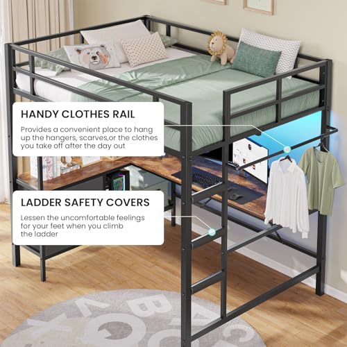 Full Size Loft Bed with L-Shaped Desk and Charging Station Metal Bed Frame with LED Lights B38506