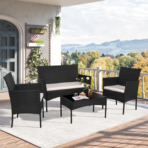 Black 4 Piece Wicker Patio Furniture Set with Tempered Glass Coffee Table Y700710