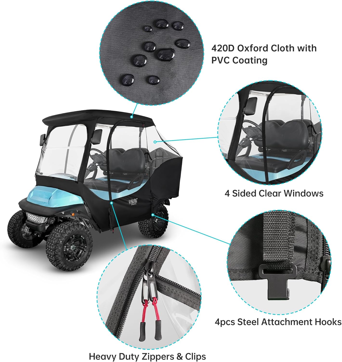 4 Passenger Golf Cart Enclosure with 4-Sided Clear Window 420D Rain Cover A169