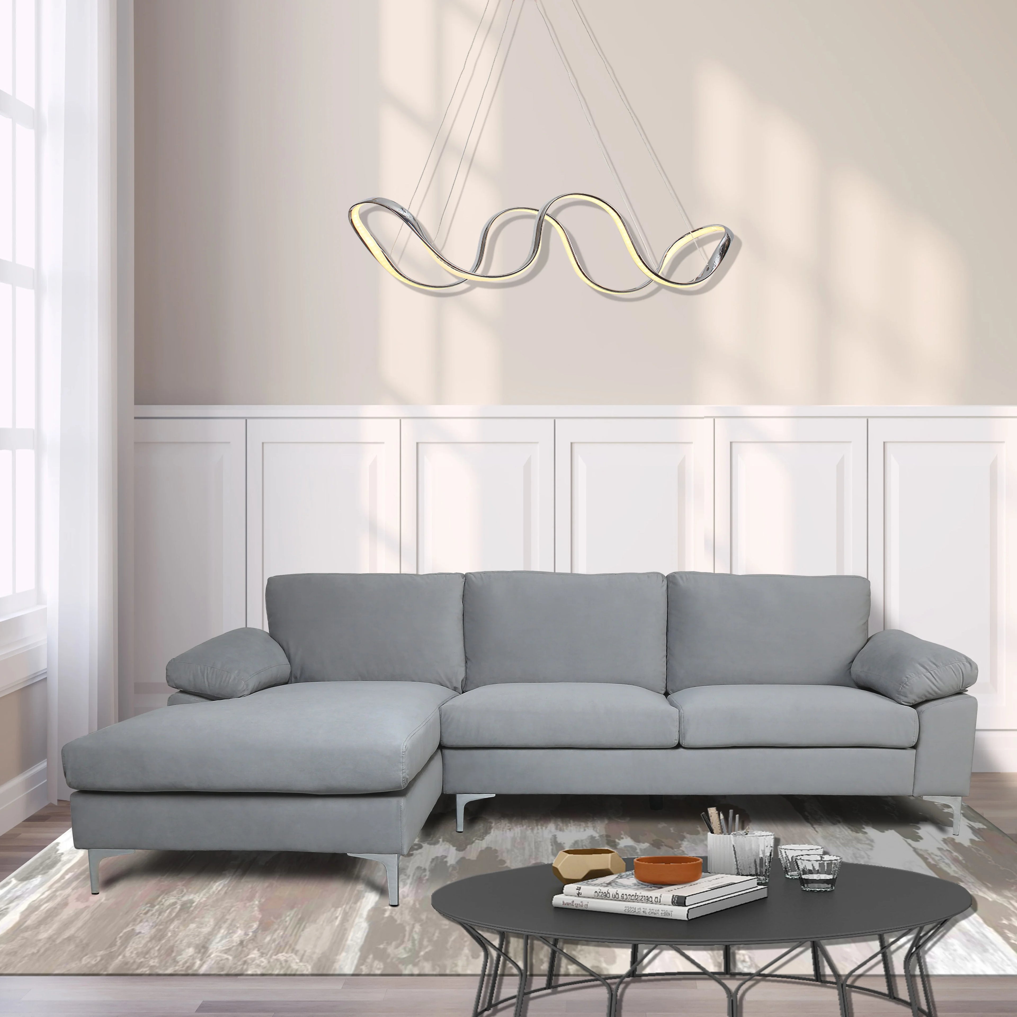 Gray Velvet L-Shape Sofa with Chaise Lounge H362316