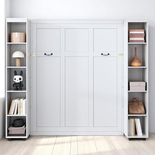 Wood White Queen Murphy Bed with Storage Shelves L259